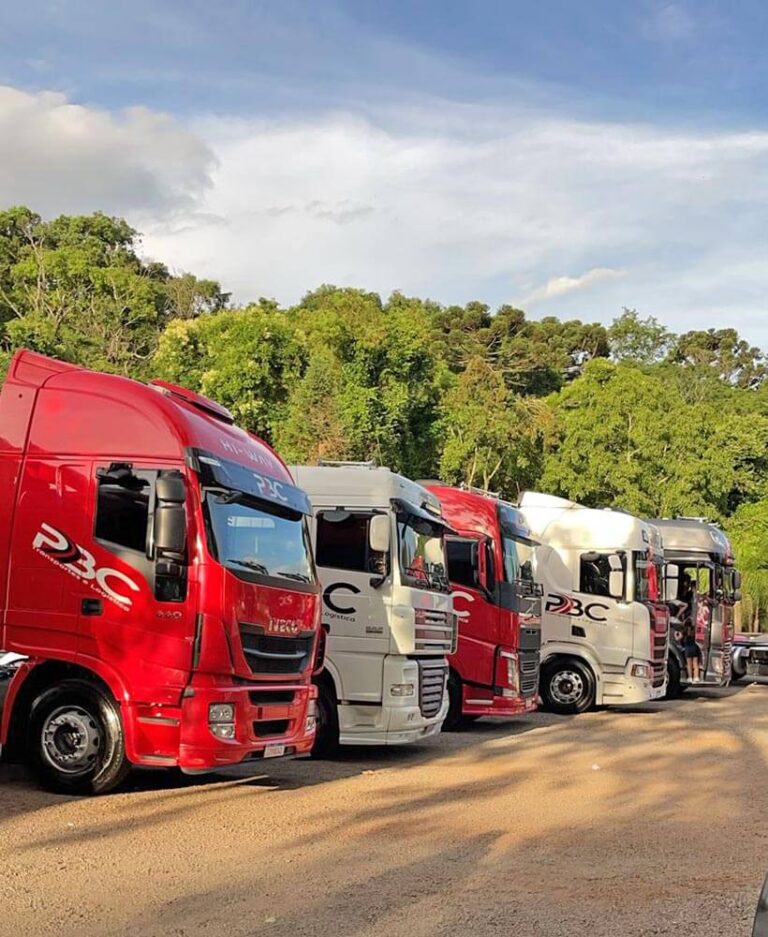 imagens de 5 caminhões estracionados em frente a um parque verde com ceu azul,. Veículos da Frota PBC.